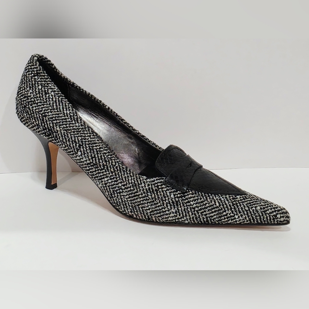 Bellofatto 1153 Black White Leather Fabric Tweed Heel Pump Pointed 9.5 B Used